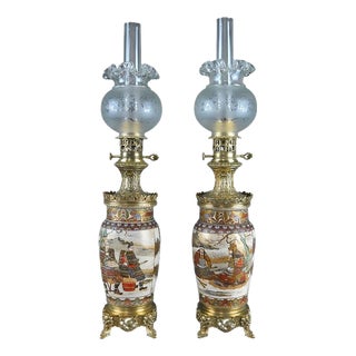 Late 19th Century Satsuma Porcelain and Bronze Oil Lamps, Japan, Set of 2 For Sale