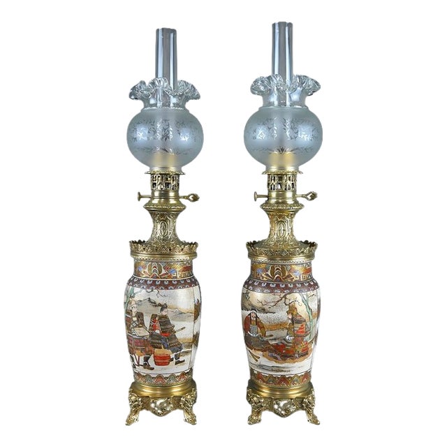 Late 19th Century Satsuma Porcelain and Bronze Oil Lamps, Japan, Set of 2 For Sale