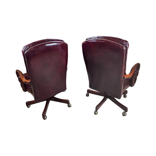 1994 Classic Leather Burgundy Top-Grain Leather Tufted Executive Swivel Chairs – Pair For Sale - Image 4 of 12