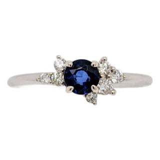 Dainty Ceylon Sapphire Ring W Earth Mined Diamonds in Solid 14k Gold | Rd 4mm For Sale