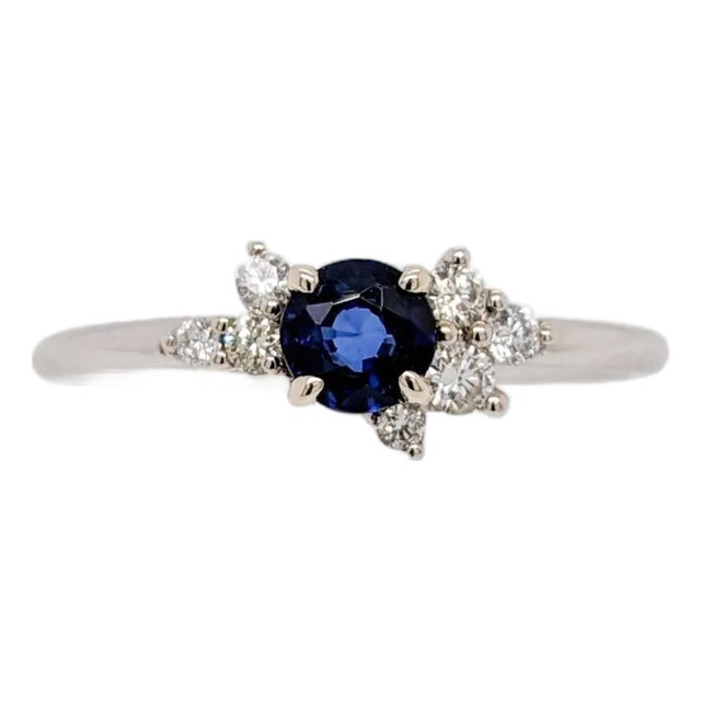 Dainty Ceylon Sapphire Ring W Earth Mined Diamonds in Solid 14k Gold | Rd 4mm For Sale