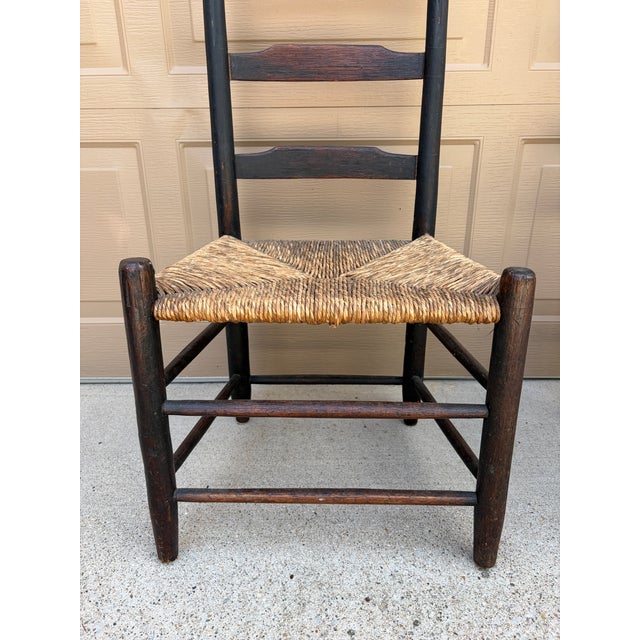 Black Pair of Antique Black Painted Shaker Ladder Back Chairs With Rush Seats For Sale - Image 8 of 18
