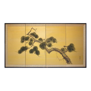 "Old Pine Tree", Pre-1964 Showa Era Japanese Painted Silk Byobu Screen For Sale