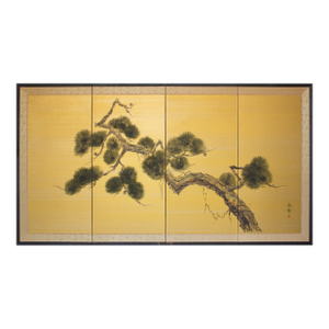 "Old Pine Tree", Pre-1964 Showa Era Japanese Painted Silk Byobu Screen