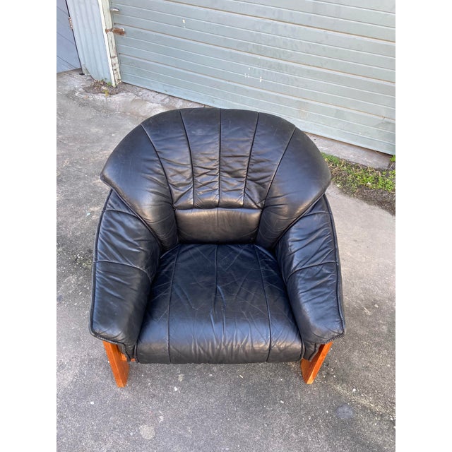 FanBack Lounge Chair in Black Leather and Carved Wood Frame Chairish