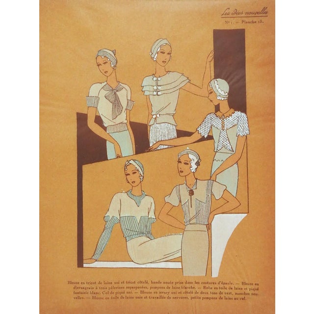 Circa 1930's Les Idees Nouvelles French fashion pochoir. Printed on thin tan colored paper and mounted on heavier card...
