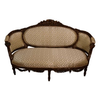 1920s Antique French Carved Walnut Spring-Seat Loveseat Sofa New Upholstery For Sale