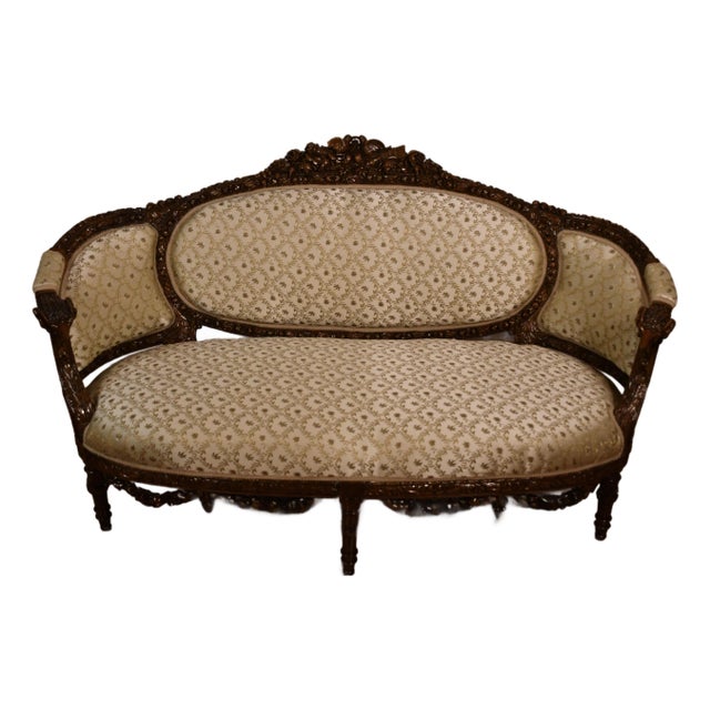 1920s Antique French Carved Walnut Spring-Seat Loveseat Sofa New Upholstery For Sale