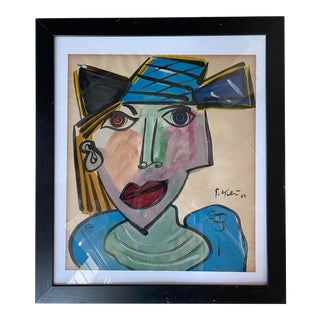 1960s Abstract Expressionist Portrait Acrylic Painting by Peter Keil, Framed For Sale