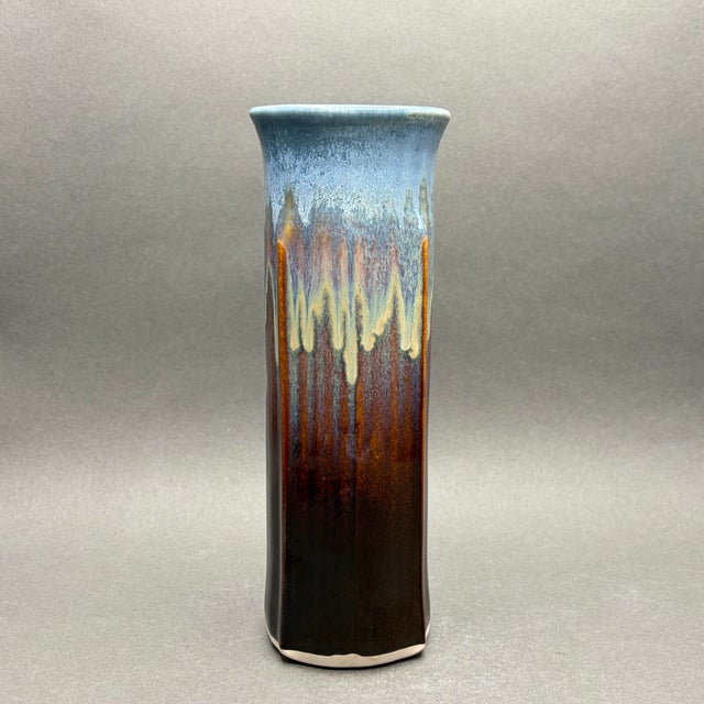Vintage Bill Campbell Studio Art Pottery Drip Glaze Vase in Blue and Brown For Sale - Image 4 of 7