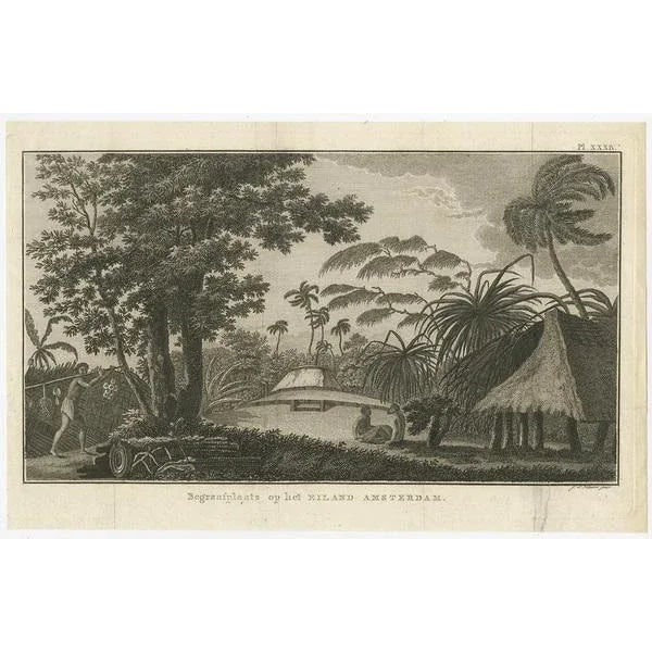 Antique print titled 'Begraafplaats op het eiland Amsterdam'. Engraved view of a local cemetery on Amsterdam Island, a...