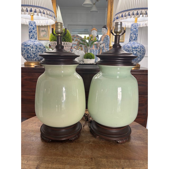 Celadon Mid 20th Century Large Scale Soft Green Ginger Jar Lamps by Haegar, a Pair For Sale - Image 8 of 8
