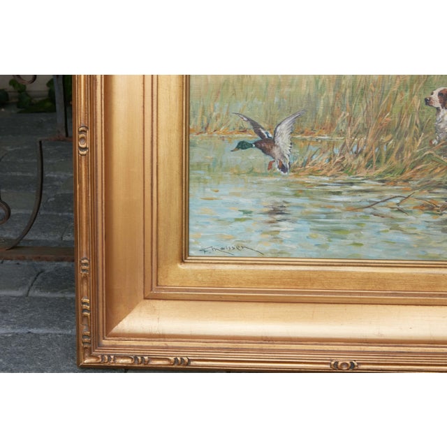 Fernand Maissen Oil on Panel Painting Depicting a Setter Hunting a River Mallard For Sale - Image 9 of 12