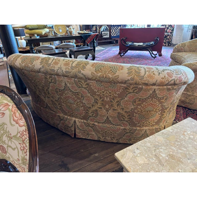 Cream Pair Drexel Heritage Curved Back Sofas in Acorn Motif Upholstery For Sale - Image 8 of 12