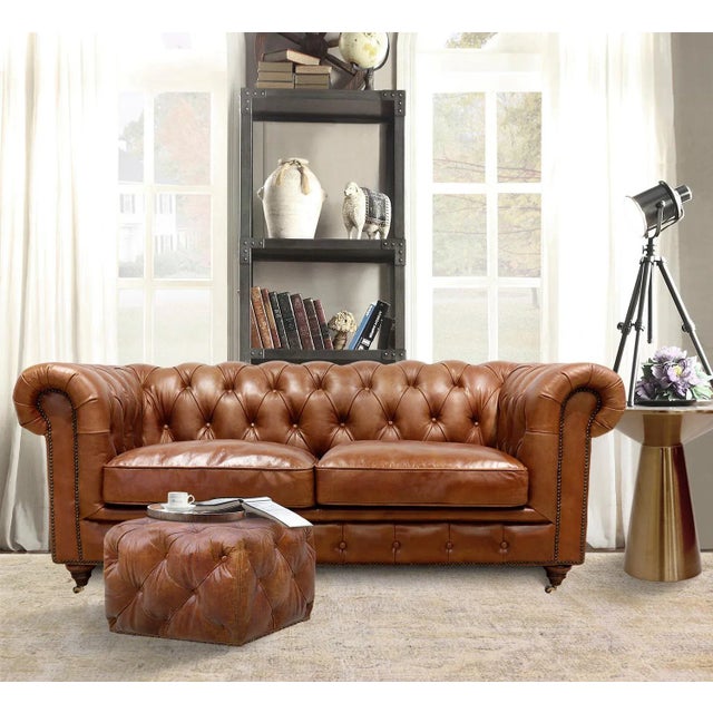 Animal Skin Pasargad Home Genuine Leather Chester Bay Tufted Loveseat For Sale - Image 7 of 10