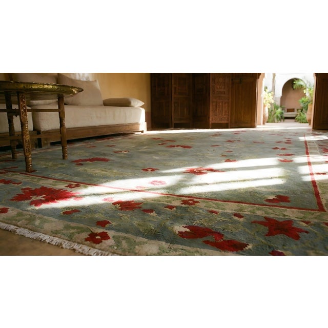 Awesome Green Ground Color With Striking Red Flowers in a Floral Design Antique Chinese Art Deco Rug For Sale - Image 14 of 15