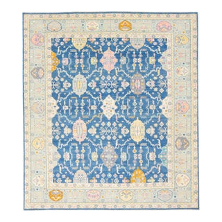 Blue Modern Oushak Handmade Multicolor Floral Motif Oversize Wool Rug For Sale