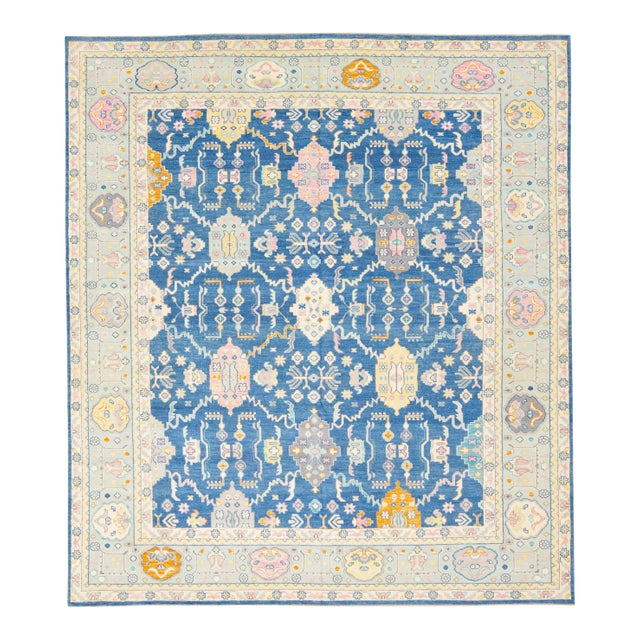 Blue Modern Oushak Handmade Multicolor Floral Motif Oversize Wool Rug For Sale