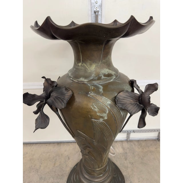 Late 19th Century Pair of Antique Monumental Bronze Vases With Iris Motif and Koi Fish Detailing at Bases For Sale - Image 5 of 7