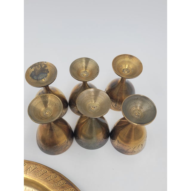 Metal Mid 20th Century Etched Brass Cordial Set With Floral Serving Tray - Set of 7 For Sale - Image 7 of 10