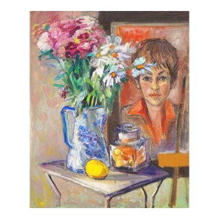 Mid Century Figurative Floral Still-Life With Bouquet, Lemon, & Self Portrait by Marjorie Hyman For Sale
