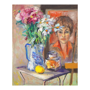 Mid Century Figurative Floral Still-Life With Bouquet, Lemon, & Self Portrait by Marjorie Hyman
