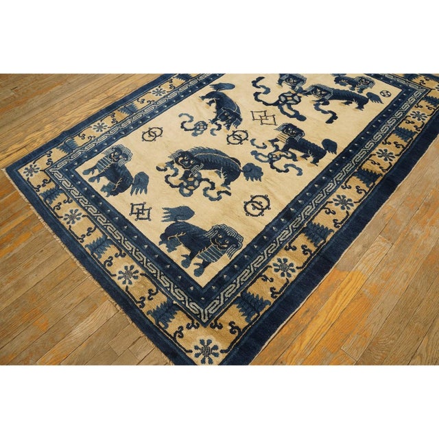 Textile 1880s Antique Small Blue and Ivory Chinese Ningxia Small Foo Dog Greek Key Rug For Sale - Image 7 of 10