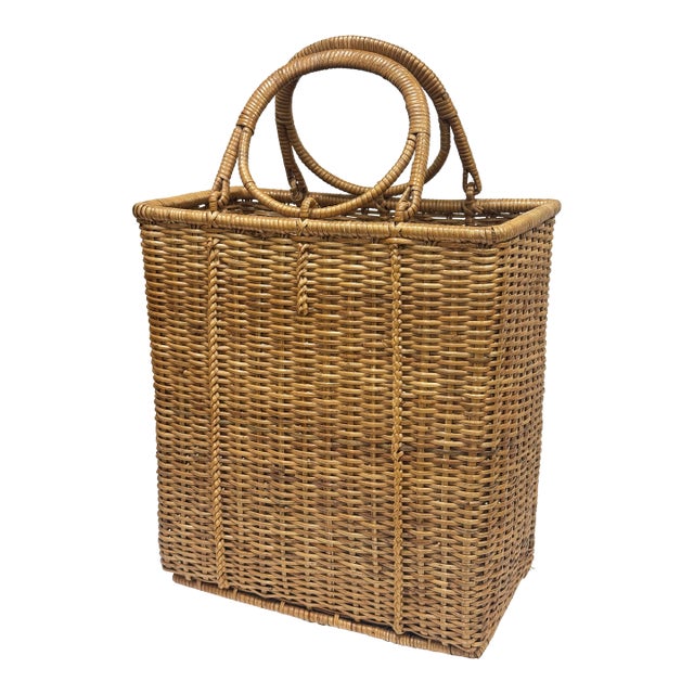 Vintage Tall Woven Wicker Basket With Round Handles For Sale