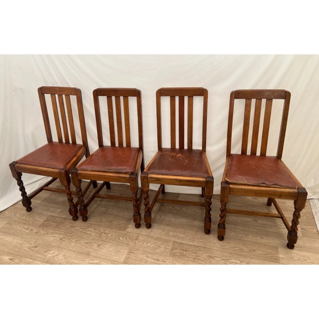 Arts & Crafts Antique Chairs Set of Four, Barley Twist Legs, Solid Oak, Brown Vinyl Seats For Sale - Image 3 of 13