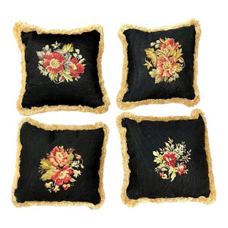 Set of 4 Vintage Petit Point Floral Needlepoint Pillows With Gold Fringe Trim For Sale