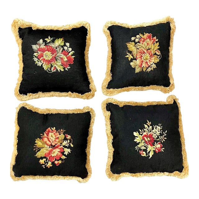 Set of 4 Vintage Petit Point Floral Needlepoint Pillows With Gold Fringe Trim For Sale
