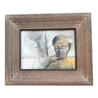 1970’s Original Abstract Painting /Charcoal Figure in Landscape Distressed Wood Frame For Sale