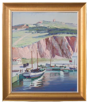 Ricard Tarrega Viladoms, Post Impressionist Landscape with Boats, Oil on Board, Framed