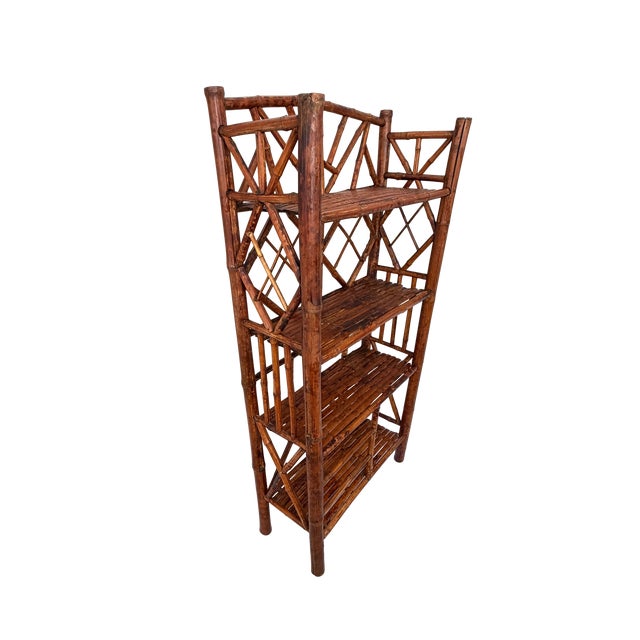 Vintage Chinoiserie Tortoiseshell Bamboo & Rattan 4-Tier Etagere Bookshelf For Sale - Image 4 of 12