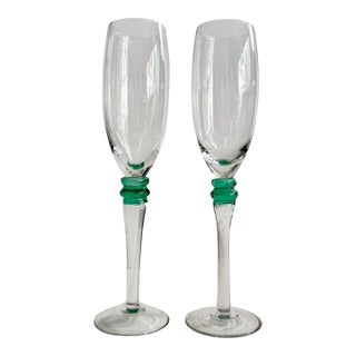 Vintage Champagne Flutes Clear Glass With Green Stem Detail, 9" - Set of 2 For Sale