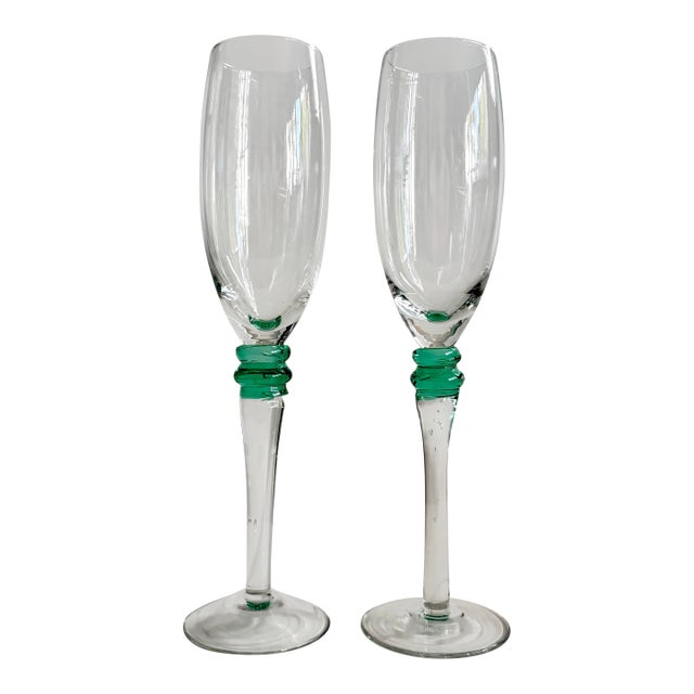 Vintage Champagne Flutes Clear Glass With Green Stem Detail, 9" - Set of 2 For Sale