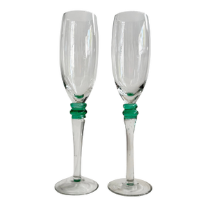 Vintage Champagne Flutes Clear Glass With Green Stem Detail, 9" - Set of 2