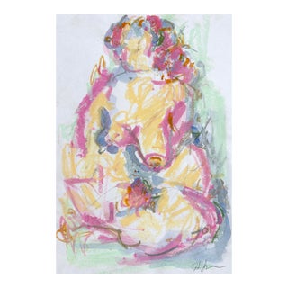 Woman Seated, Blue, Green, Oil Pastel and Watercolor on Paper 7.5 X 11 Inches For Sale