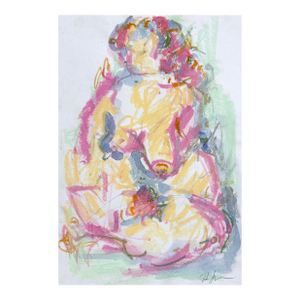 Woman Seated, Blue, Green, Oil Pastel and Watercolor on Paper 7.5 X 11 Inches