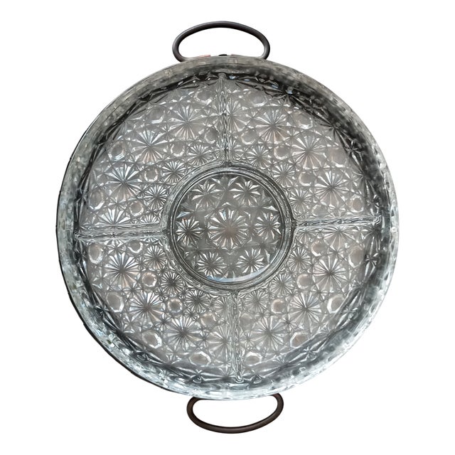 Vintage Crystal and Silver Carved Appetizer Tray, 1920s, Set of 2 For Sale