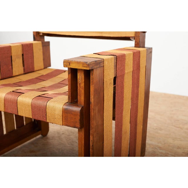 Viennese Armchair in Wooden Construction and Upholstered with Beige Red Linen Bands For Sale - Image 5 of 15