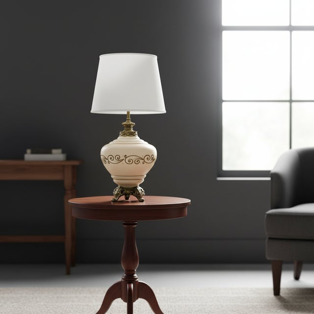 Mid-Century Modern 1950s Falkenstein White With Gold Design Table Lamp Brass For Sale - Image 3 of 5