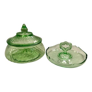 Vintage Anchor Hocking Spiral Green Candy Dish & Catch All Set For Sale