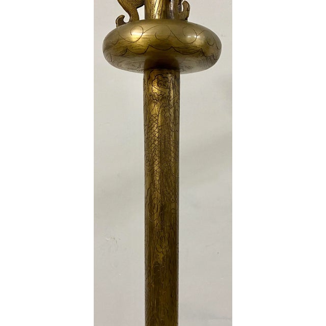 Asian Motif Etched Brass Free Standing Floor Lamp C.1920 For Sale - Image 4 of 12