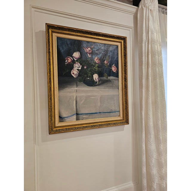 Realism Antique Oil on Canvas Roses Still Life- Signed Pentelei-Molnar For Sale - Image 3 of 12