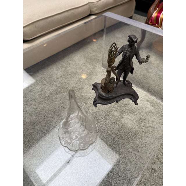 Brass Rococo Revival Figural Spelter and Etched Glass Trumpet Vase, Antique For Sale - Image 8 of 16