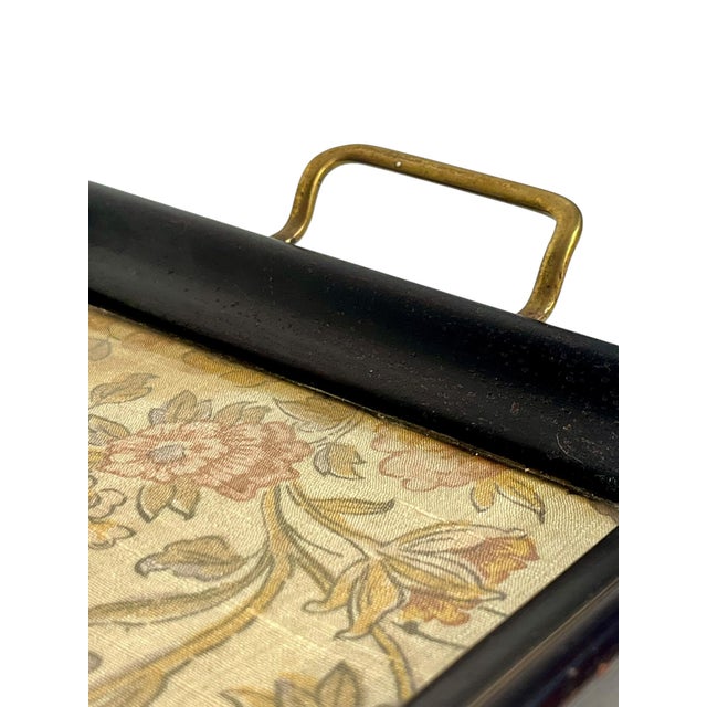 Antique English Glass Top Wood Tray With Brass Handles and Brocade Fabric For Sale - Image 10 of 16