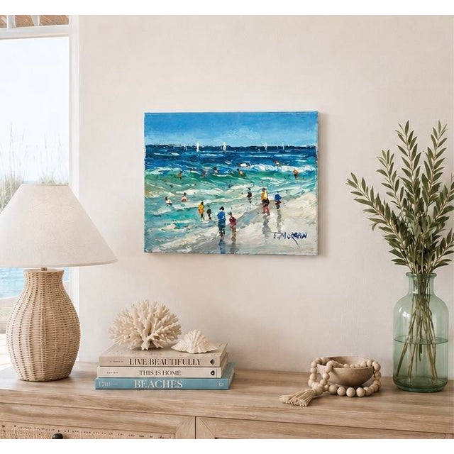 Nautical Coastal Beach Scene Original Oil Painting on Canvas, 14" X 11" Impressionist Seascape For Sale - Image 3 of 4