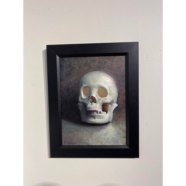Busted Jaw presents a striking depiction of a skull, rendered in oil on linen board. The soft, diffused lighting enhances...