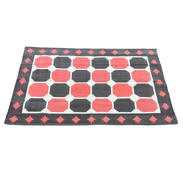 Cotton Vegetable Dyed Tile Pattern Brown, Coral & Cream Rug - 9'x12' These special flat-weave dhurries are hand-woven with...